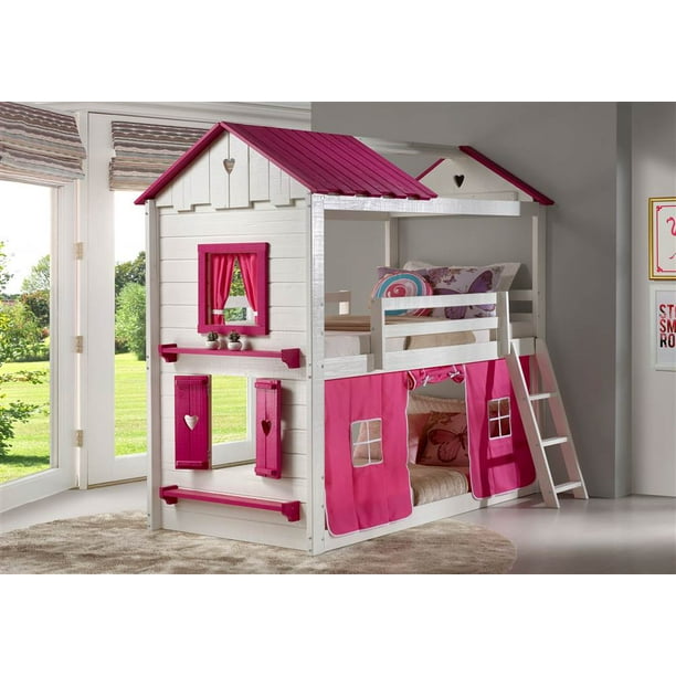 Playhouse Twin over Twin Bunk Bed w/ Tent (White/Pink)