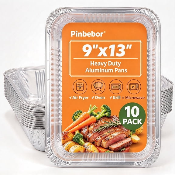 Pinbebor 10 Pack Heavy Duty Aluminum Foil Pans, 9x13 inch Disposable Pans, Food Containers for Cooking, Meal Prep, Baking, Roasting, Chafing, Heating