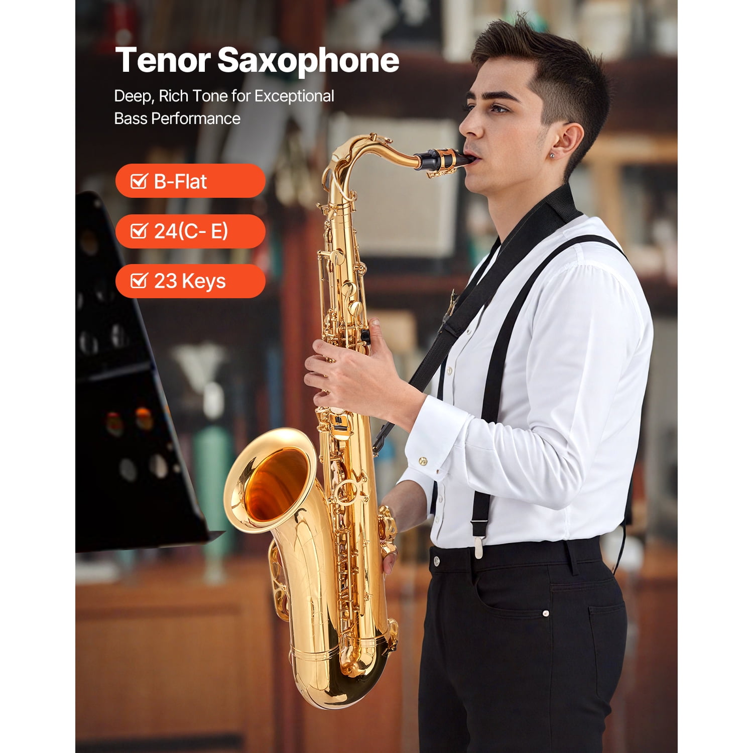 KFFKFF B Flat Tenor Saxophone, Brass Instrument Starter Set with Case, Mouthpiece, Straps, Cleaning Cloth, Gloves, Neck Strap, 23 Keys, Ideal for New Players, Gold