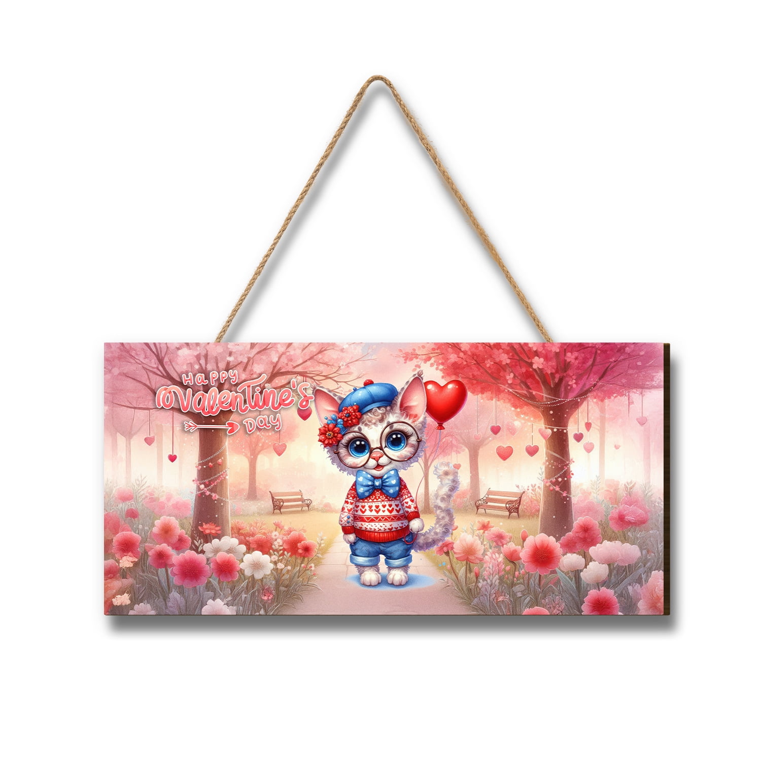 Happy Valentine’s Day Adorable Devon Rex Kitten Holding Heart Balloon Landscape Wood Sign Cat Lover Kitten Owner Gifts Hanging Wall Home Decor - 00030