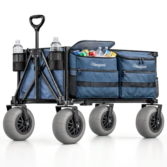 Rangland Beach Wagon RX800 with Removable Cooler and Big Air Wheels for Sand, All-Terrain Heavy Duty Folding Cart with Balloon Tires, Dual Compartment Outboard Carrier (Blue)