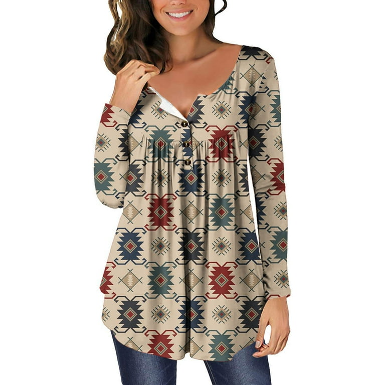tklpehg Womens Long Sleeve Tee Shirt Tunic Tops To Wear with Leggings  Vintage Ethnic Printed Long Sleeve Tops Dressy Casual Baggy Cozy Pullover Tops  Long Flowy Trendy Crewneck Beige S 