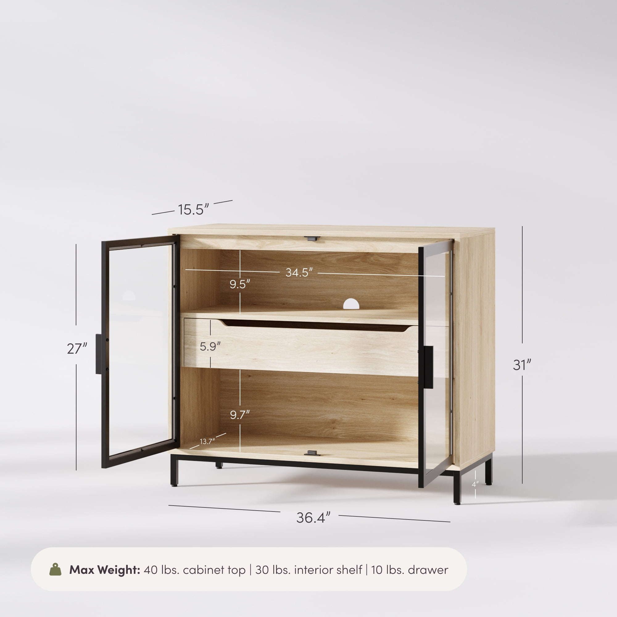 Nathan James Mackenna Metal and Glass Sideboard Accent Cabinet with Two Doors, Oak Credenza for Kitchen or Living Room