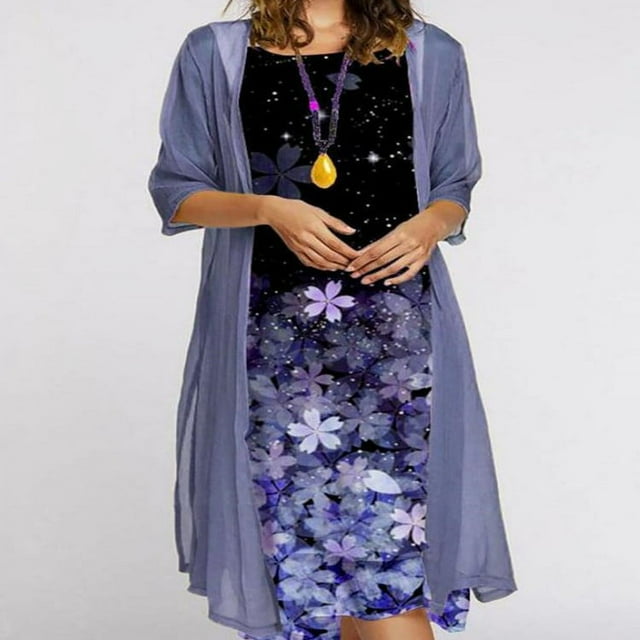 CHOK Women‘s Linen Dress Floral Print Ruffle Irregular Hem Sleeveless Tank Maxi Dress with Long Jacket Two Piece Sets Summer Dress for Women Plus Size Dress