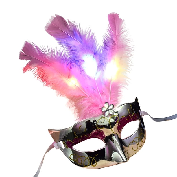 Máscara LED con brillo de plumas, fiesta de disfraces, máscara de juguete con brillo de plumas de princesa