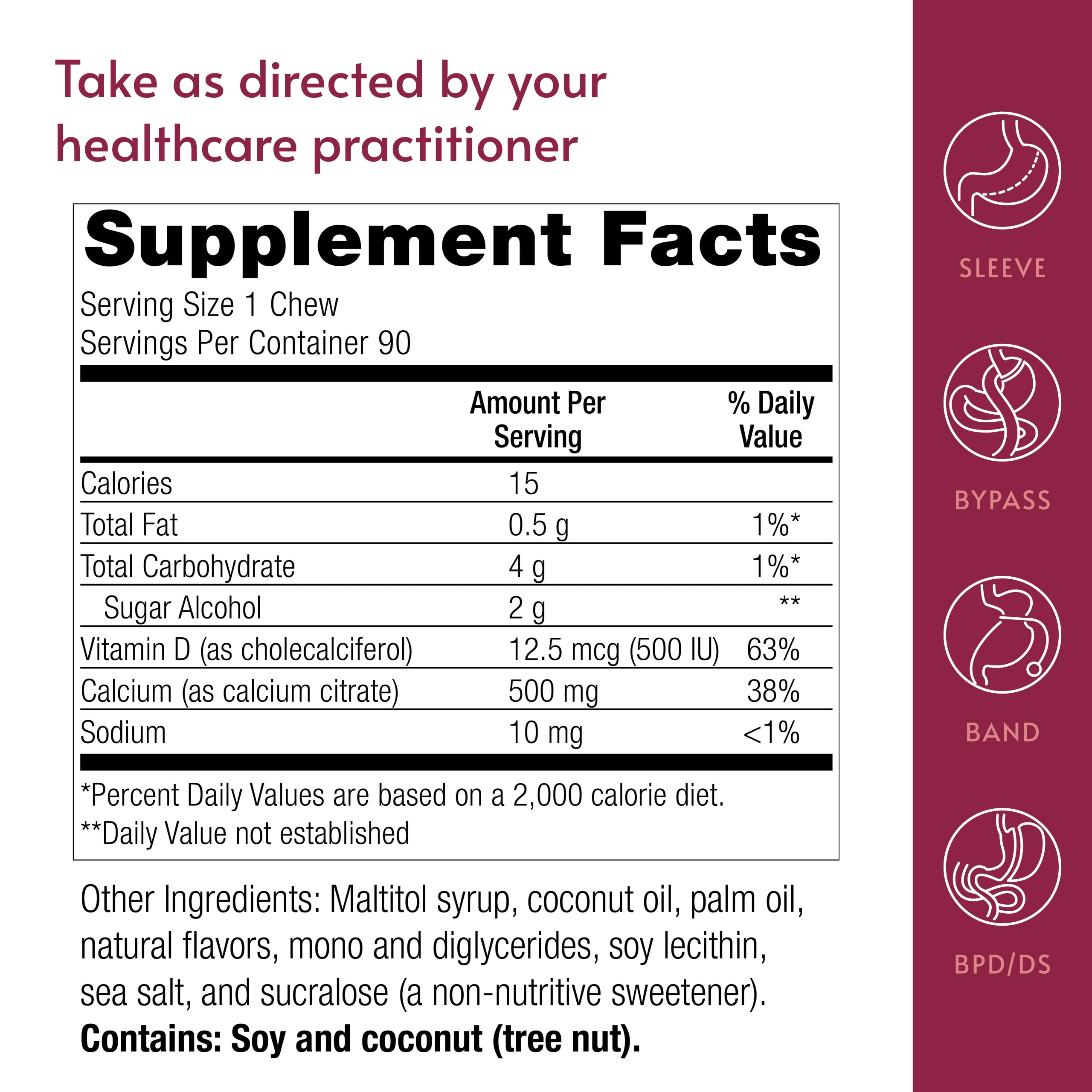 Bariatric Advantage Calcium Citrate Chewy Bites 500 mg - Highly Absorbable & Digestible - Vitamin D3 - Easily Chewable Calcium Supplement - Coconut Flavor - 90 Count