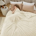 thumbnail image 5 of Throw Size Blanket, 230GSM Extra Soft Lightweight Bed Blanket with Strip , Plush Fuzzy Cozy Throws for Couch, Bed, Sofa Cozy, Warm and Breathable, 50x60" Beige, 5 of 7