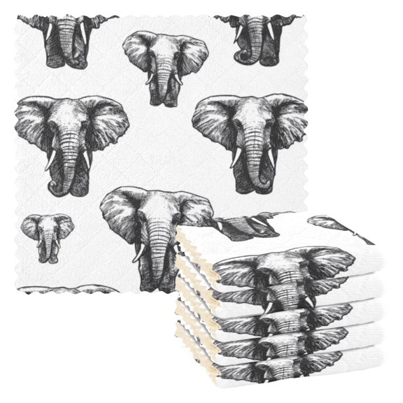 6 Pieces of Kitchen Towels 11x11Inch Kitchen Dish Cloths Kitchen Dish Towels Reuseable Cleaning Cloths Black Elephant Seamless