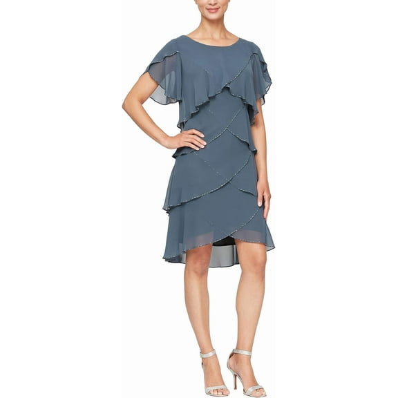 S.L. Fashions Women's Short Tulip Sleeve Tiered Chiffon Cocktail Dress