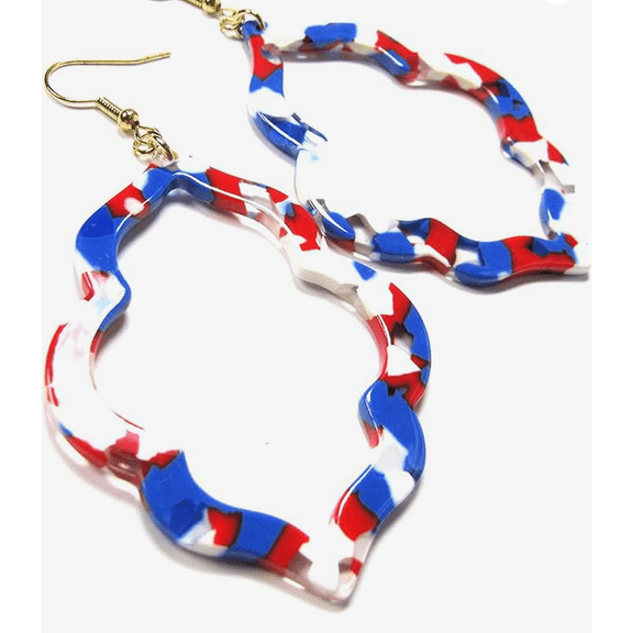 Patriotic Acrylic Open Tear Drop Earrings in Red, White & Blue