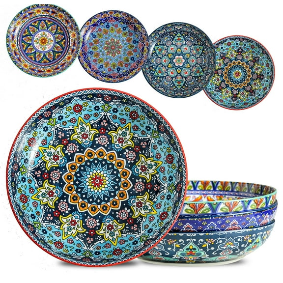 Hasense Pasta Bowls, 42 OZ Ceramic Salad Bowls Set of 4, Large Bowl Plates for Kitchen, Bohemian Bowls for Housewarming Gift, Dishwasher & Microwave Safe