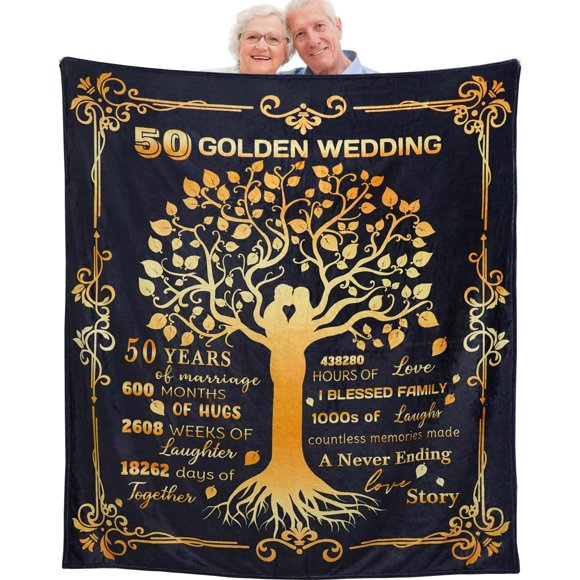 Couverture Jetée 50e Anniversaire Cadeaux 50e Mariage Doré pour Couple Parents Grands-Parents Amis Idées Cadeaux 50 Ans de Mariage Couverture Jetée 60"X 50 Pouces
