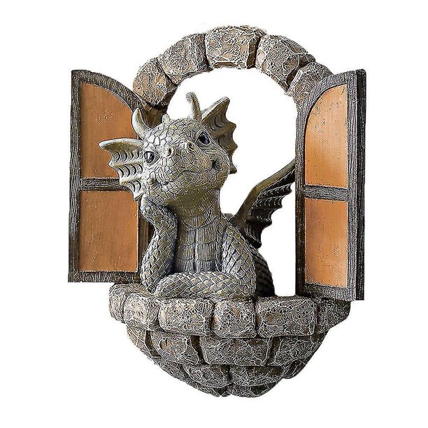 Escultura de dragón para patio, decoración de pared, hermosa estatua de dragón de resina para jardín, pequeño dragón meditando frente a la ventana, figuras de arte, decoración, adorno