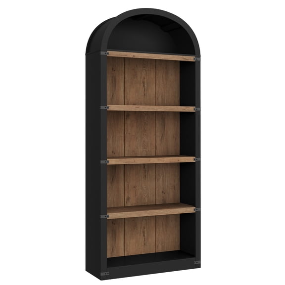 Modern Farmhouse Arched 5-Tier Bookcase – 72'' Tall Freestanding Wooden Bookshelf, Metal Corner Protection, Black Wood Grain & Natural Wood Back, Basic