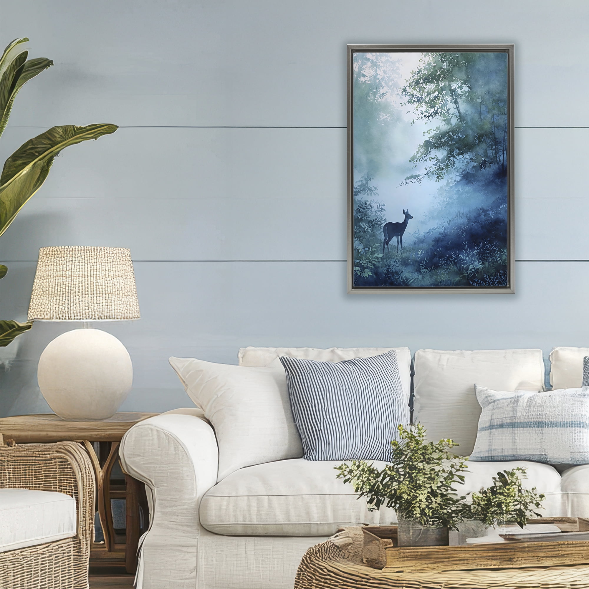 Stupell Industries Blue Dawn Deer in Mist Gray Framed Floater Canvas Wall Art, design by Franklyn Gregory