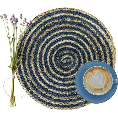 

Nature4u 100% Jute Hand Braided Placemat Set of 6 Rustic Vintage Farmhouse Table top & Dining Table Round Placemat for Parties (14” Diameter Natural Blue) Set of 4 & 6 (6)