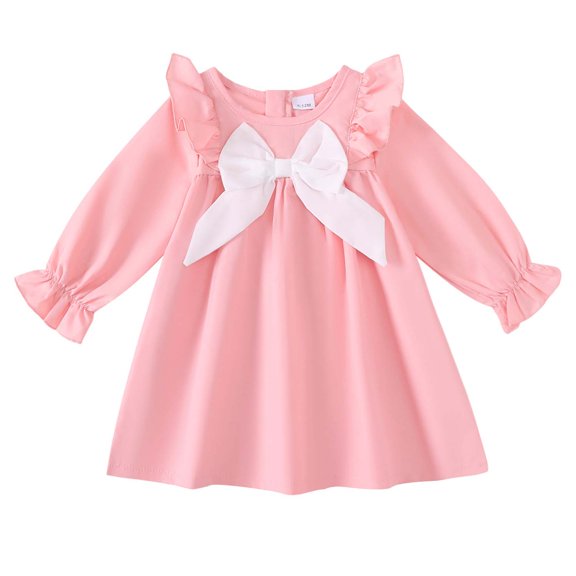 Yaoqi 2T Toddler Girl Dress 3T Child Girls Winter Clothing Ruffle Long Sleeves Solid Color A-line Dress Bowknot One-piece Clothes Pink