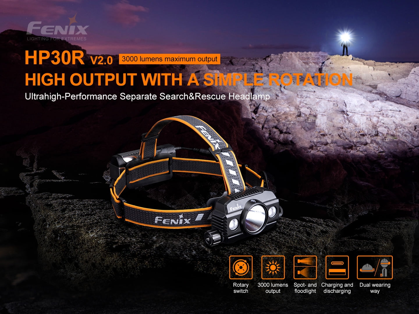 Fenix HP30R v2.0 (Black) 3000 Lumen Spotlight & Floodlight Headlamp with Battery Case