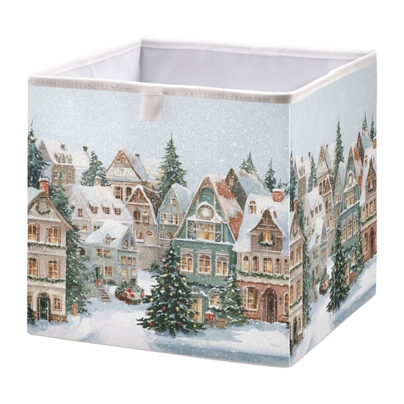 Foldable Fabric Storage Bin Home Cubes Clothing Organizer Bins Large Collapsible Box Basket for Home Organizer Cozy Winter Town with Snow