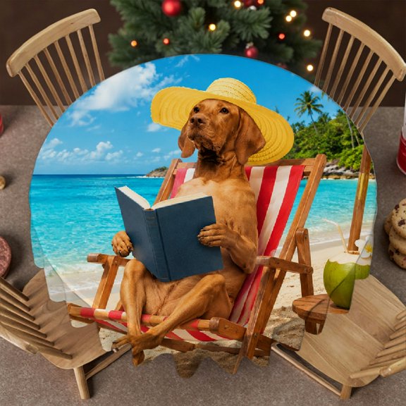 RKSupls 60 Inch Beach Dog Reading Book.png Round Tablecloth,   Festive Round Table Setting  Stain Resistant & Washable Decor, Wedding, Party, Holiday, Home Dining