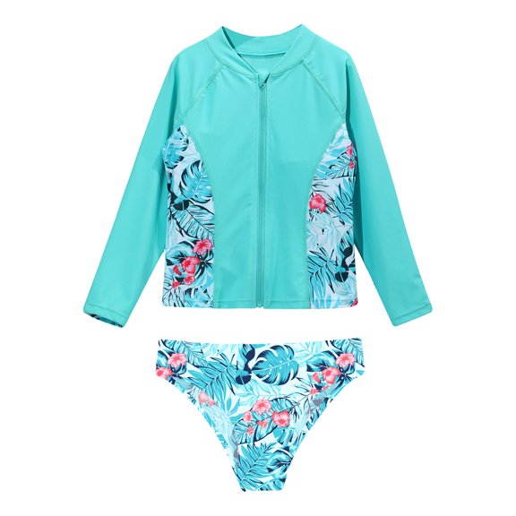 Hansber Girls Two Piece Rash Guard Swimsuit Floral Printed Bathing Suits Long Sleeve Top with Bikini Bottoms Set Leaf 10