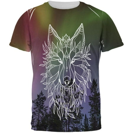 Wolf Northern Lights Night Line Art All Over Mens T Shirt Multi 2XL
