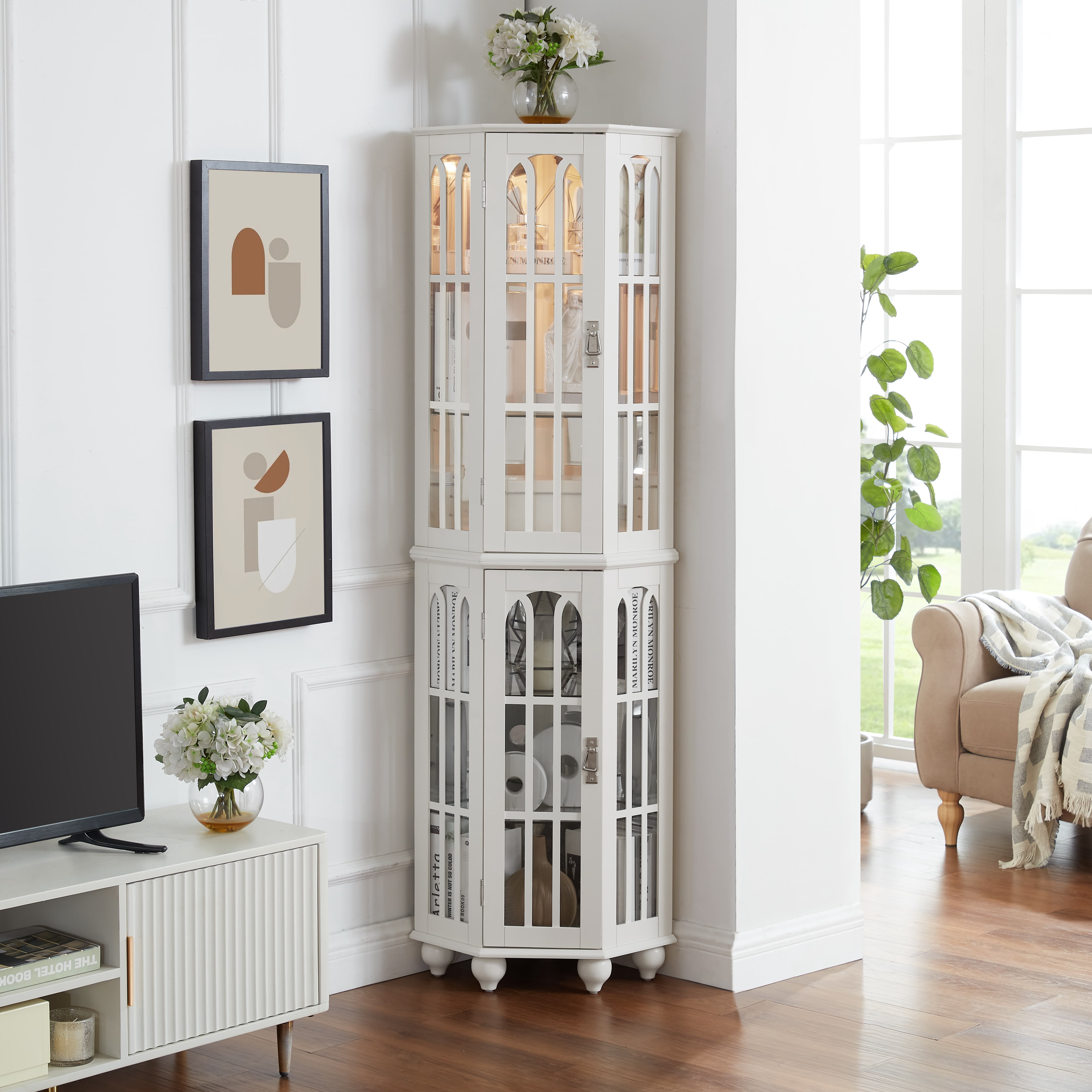 mayceyee Lighted 3-Side Corner Cabinet, 72" Tall Curio Display Cabinet with 4 Adjustable Tempered Glass Shelves, Curved Wood Corner Storage Decoration Rack for Living room & Bedroom Loraine (White)