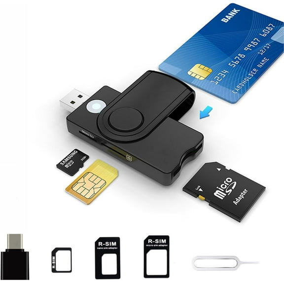 CAC Smart Card Reader, 5 in 2 DOD Military USB SIM/SD/TF/ID/IC Card Adapter USB C Sim Card Adapter Kit Compatible with Windows, Linux/Unix, MacOS X