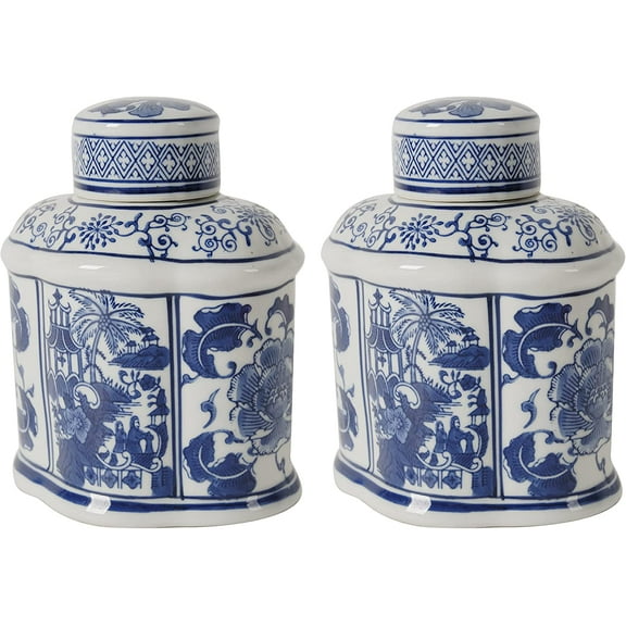 A&B Home Set of 2 Blue and White Porcelain Lidded Jar Floral Chinoiseries Décor