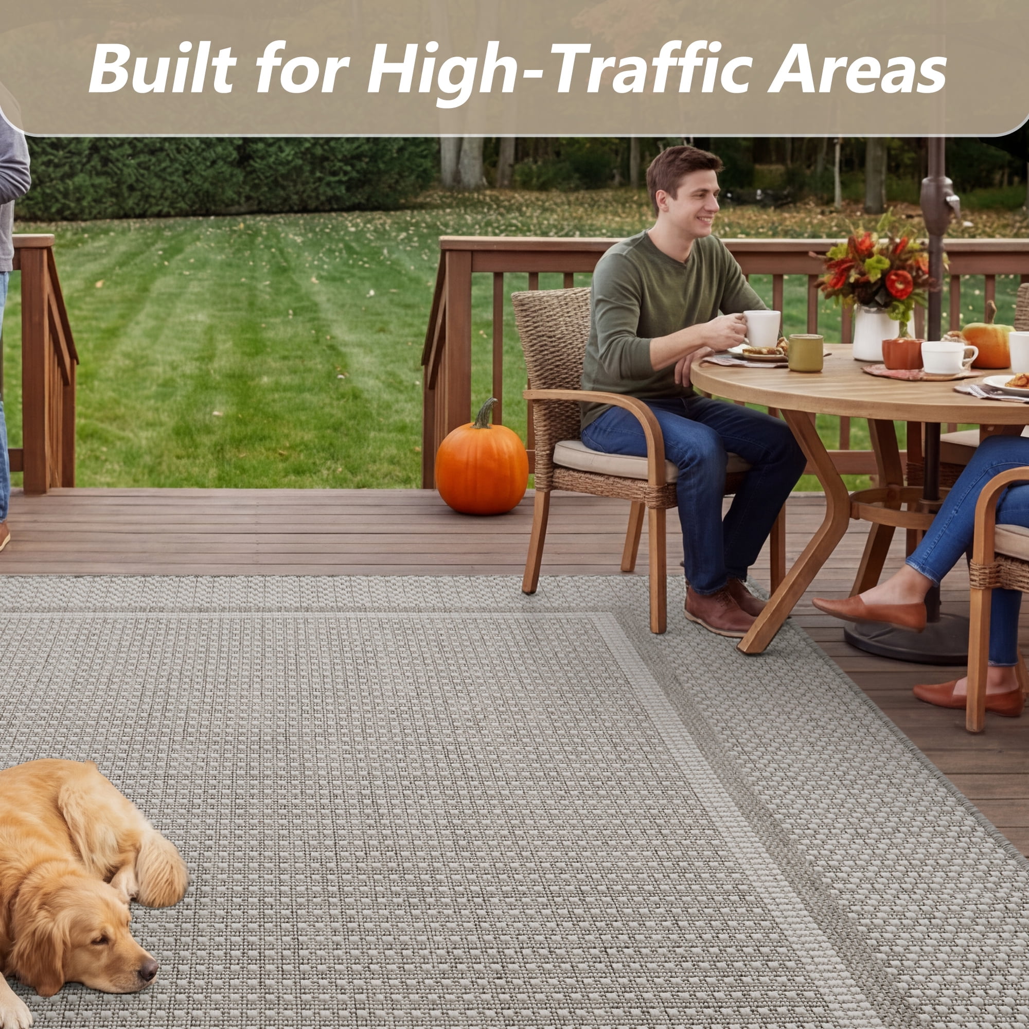 SIXHOME Outdoor Rugs 4'x6' Patio Rug Modern Bordered Indoor Outdoor Rugs Polypropylene Washable Non Shedding, Easy Clean, Waterproof, Durable Outdoor Carpet for Porch Balcony Deck Neutral Gray