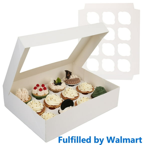 LotFancy 8 Pack Cupcake Boxes, Hold 12 Standard Cupcakes Container with Window and Inserts, White