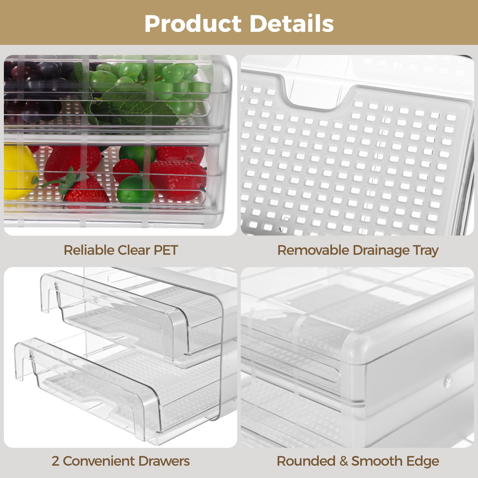 2 Layers Refrigerator Organizer, Clear Stackable Fridge Drawer Pull Out Fridge Storage Containers, Double Layer Plastic Refrigerator Organizer Bins with Drain Tray for Fruits, Vegetables, Eggs
