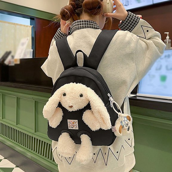 Girls School Backpack Detachable Bunny Plush Backpack Casual Everyday Stylish Daypack with Toy Black One Size