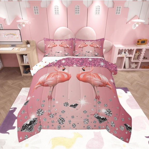 Flamingo Comforter Set Pink Sequin Fluid Art Twin Bedding Sets,Crystal Diamond Bed Set Woodland Animals Duvet Set,Tropical Coastal Cute Room Decor