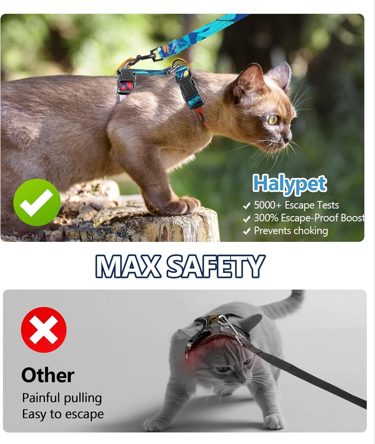 Cat Harness and Leash Set, 3-in-1 Adjustable & Lightweight, Escape-Proof, Comfortable Soft Kitten Harness for Large Cats, Safe, Easy to Wear, Outdoor Walking Travel-M