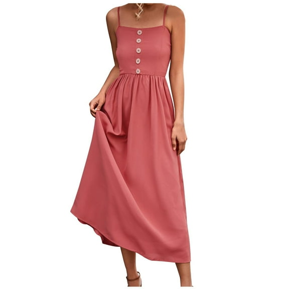 IROINNID Empire Dress For Women Regular Sleeveless Summer Suspender Sling Dress Button Casual Long Dress Square Neck Solid Color Dress