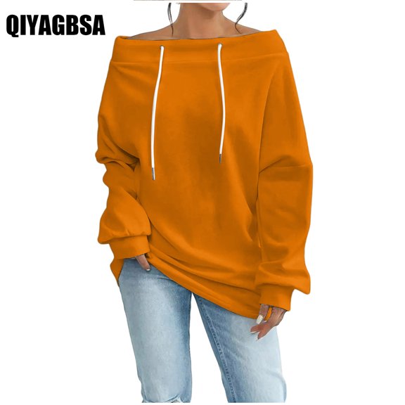 QIYAGBSA Spring Fall Tops for Women's Off Shoulder Hoodless Sweatshirts Loose Lightweight Clothes Women Fall Casual Drawstring Pullover Sweatshirts(Orange,S)