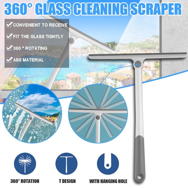 Side Rotating Window Wiper and Scraper Glass Cleaner Tool with Silicone Squeegee for Home Car Shower Doors