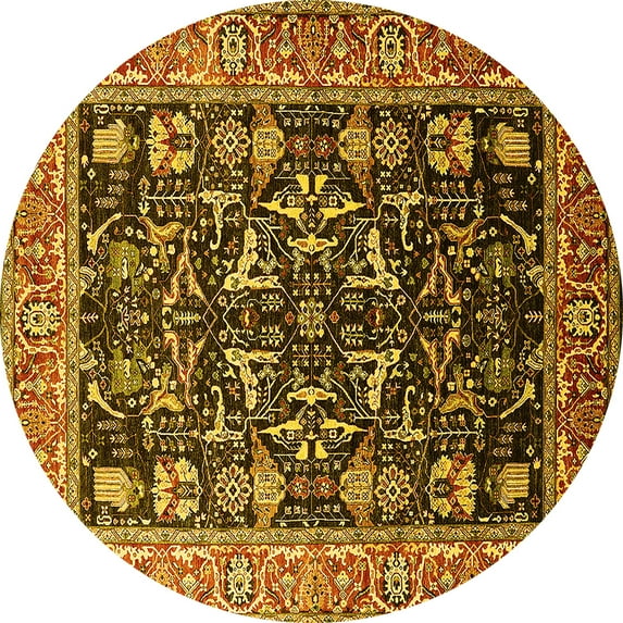 Ahgly Company Machine Washable Indoor Round Oriental Yellow Industrial Area Rugs, 8' Round