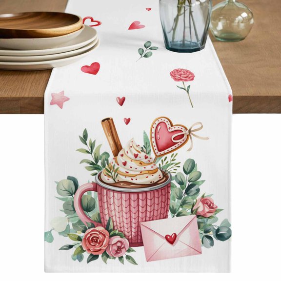 Valentine's Day Table Runner 48 Inches, Cartoon Love Rose Floral Envelope Bed Runner Dresser Scarves Tabletop for Indoor Outdoor Parties/Ceremony/Banquet, 13" x 48"