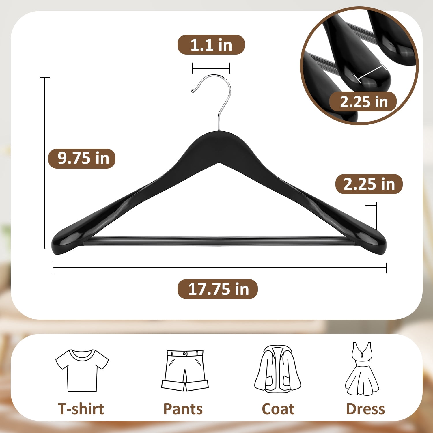 BagDream 8 Pack Wide Shoulder Wooden Suit Hangers with Non Slip Pants Bar, Solid Wood Jacket Clothes Hangers Smooth Finish for Sweater, Pants, Heavy Clothes, Black