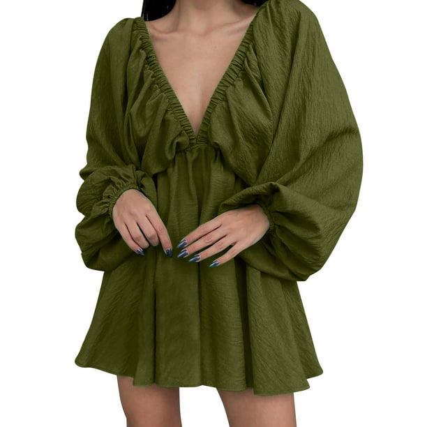 Gibobby Vestidos de suéter anchos Diseño de personalidad Cuello en V Temperamento sexy Vestido informal de color sólido retro(AG,G)