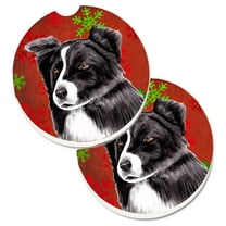 Border Collie Red and Green Snowflakes Holiday Christmas Set of 2 Cup Holder Car Coasters