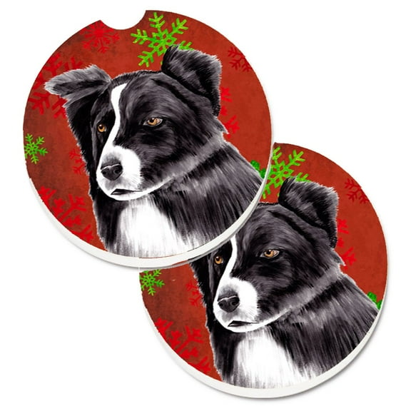 Border Collie Red and Green Snowflakes Holiday Christmas Set of 2 Cup Holder Car Coasters