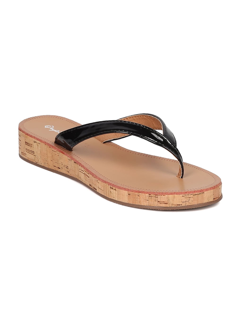 Qupid New Women Qupid Flip01 Patent Leatherette Cork Low Wedge Thong