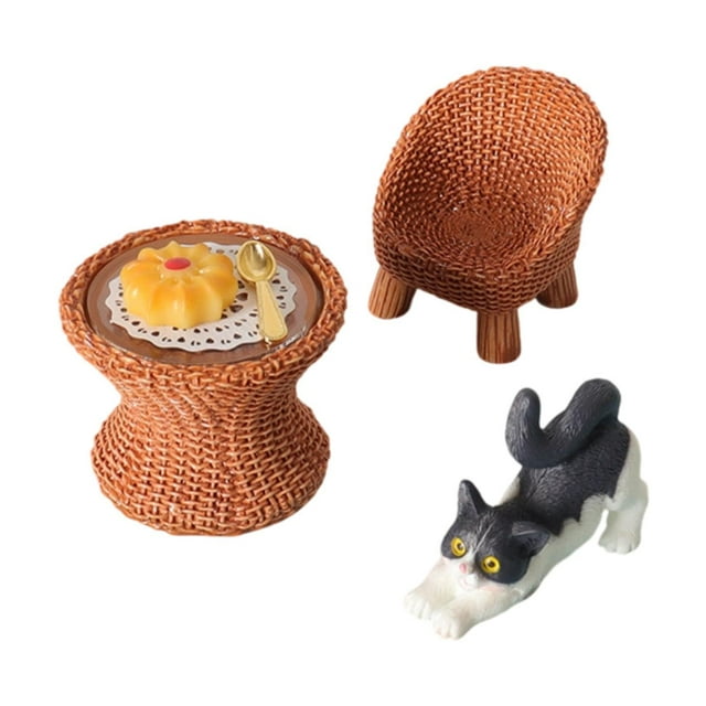 Figura de gato en miniatura, modelo de mesa y silla, juguete realista de juego de simulación con muebles, modelo para micropaisaje de jardín de hadas. Gato estirándose