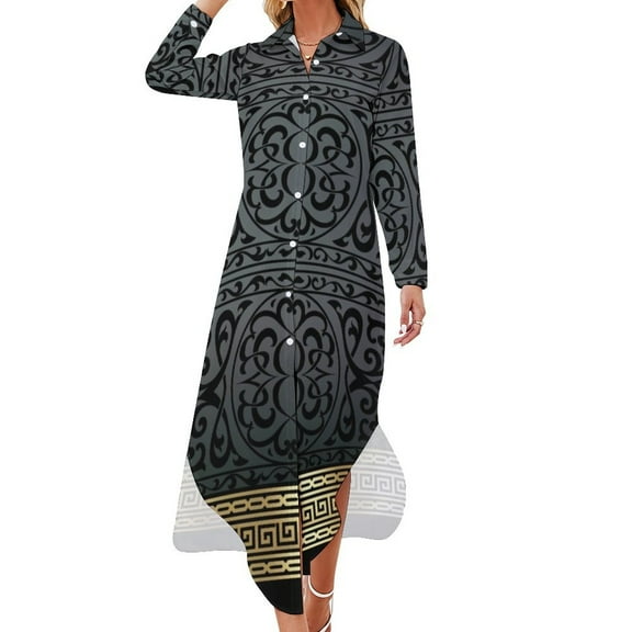 Greek Key Ornate Black & Gold Long Sleeved Shirt Dress clothes summer women's dress 2024