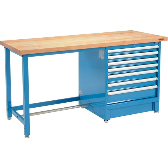 Global Industrial 72Wx30D Modular Workbench, 7 Drawers, Maple Butcher Block Square Edge, Blue