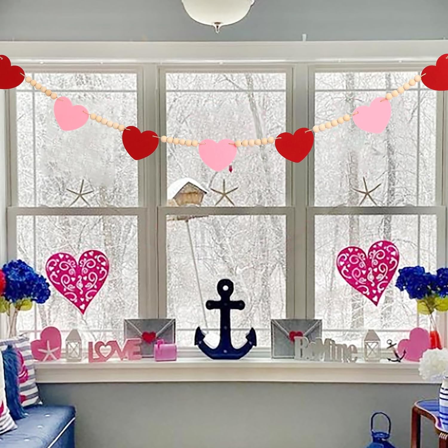 Valentine's Day Felt Garland Banner - Pink & Red Hearts With Wood Beads, Pre-Assembled, Rustic Farmhouse Decor (59 Inches) - View #4