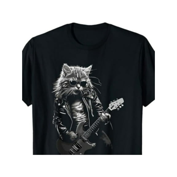 Rock & Roll Music Concert Festival Cat Rock Guitar Novelty T-Shirts, women men t-shirt, Novelty Clothing, Short Sleeves, Shirt for Daily Wear & Resort Style